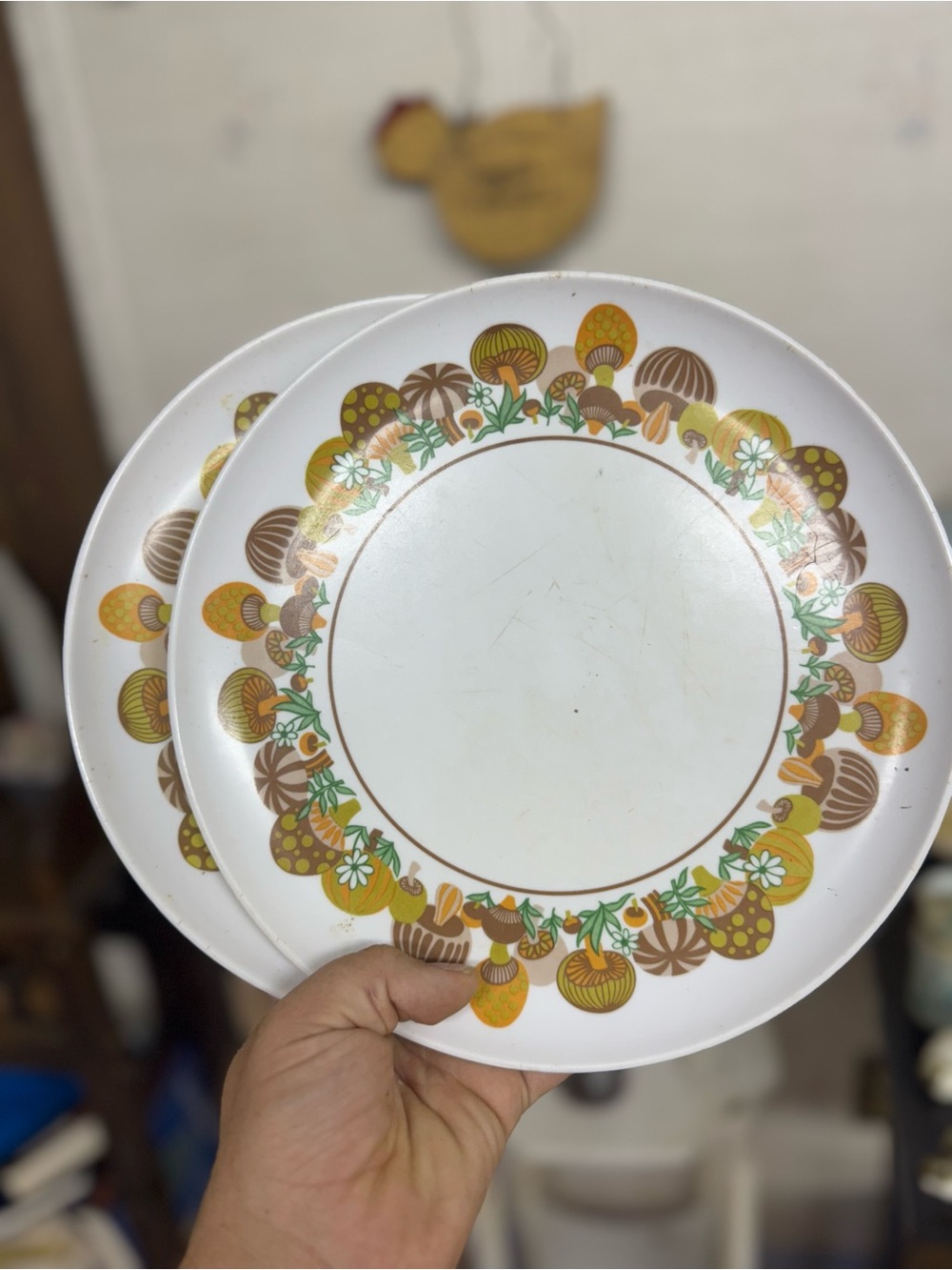 Retro Mushroom Melamine Dinner Plates - White and Brown set of 2
